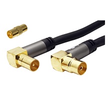 goobay Kabel anténní TV, 135dB, 4x stíněný, IEC169-2, M-F (lomené, zlacené), 5m, + redukce M-M, černý