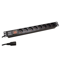Ostatní 19" napájecí panel 1U, 8x zásuvka CZ, vidlice IEC320 C14, vypínač, černý, 1,8m