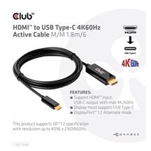 Club3D aktivní kabel HDMI na USB-C, 4K60Hz, 1.8m, M/M