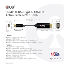 Club3D aktivní kabel HDMI na USB-C, 4K60Hz, 1.8m, M/M