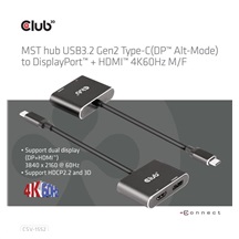 Club3D hub MST (Multi Stream Transport) USB3.2 Gen2 Type-C(DP Alt-Mode) na DisplayPort + HDMI 4K60Hz (M/F)