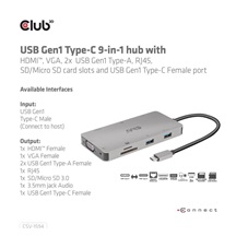 Club3D hub USB-C, 9-in-1 hub s HDMI, VGA, 2x USB Gen1 Type-A, RJ45, 100W PD
