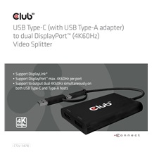 Club3D Video rozbočovač MST USB-C (USB-A adaptér) na 2xDP 4K60Hz Video splitter