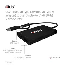 Club3D Video rozbočovač MST USB-C (USB-A adaptér) na 2xDP 4K60Hz Video splitter