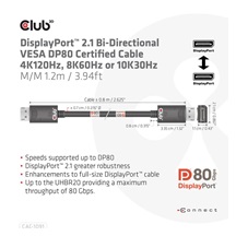 Club3D Kabel DisplayPort 2.1 na DisplayPort 2.1 VESA DP80, 4K240Hz/8K60Hz/10K30Hz HDR (M/M), 1.2m, černá