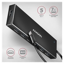 AXAGON HUE-F7C, 7x USB 3.2 Gen 1 ALU FLAT CHARGING hub, micro USB nap. konektor, kabel USB-C 30cm